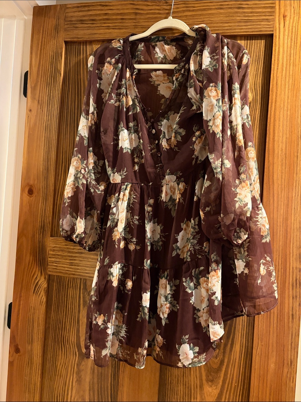 Abercrombie & Fitch Brown Floral V-Neck Tiered Mini Dress